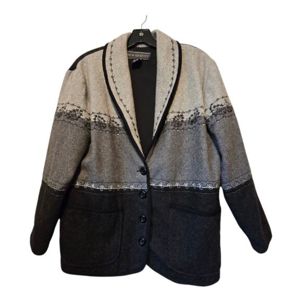 Vintage 90s Y2K Wool Embroidered Jacket Womens MED Black Gray Boho Nature Floral